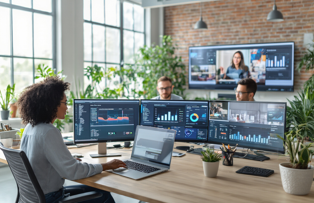 Create a realistic image of a diverse group of community moderators working collaboratively at a modern office space, featuring a black female moderator reviewing community guidelines on her laptop screen, a white male moderator analyzing engagement metrics on a large monitor, and an Asian female moderator facilitating a video conference call with community members, surrounded by multiple computer screens displaying various online community dashboards and analytics charts, with a bright, professional workspace environment featuring natural lighting from large windows, potted plants, and collaborative furniture arrangements that convey growth and strategic planning, absolutely NO text should be in the scene.