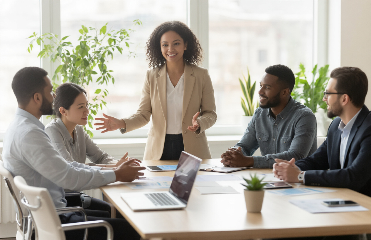 Create a realistic image of a diverse group of new community members sitting around a modern conference table during an onboarding session, including a white female facilitator standing and gesturing welcomingly toward a mixed group of seated participants consisting of a black male, an Asian female, and a Hispanic male, all looking engaged and attentive, with laptops and welcome materials on the table, in a bright contemporary office space with large windows showing natural daylight, plants in the background, and a warm collaborative atmosphere, absolutely NO text should be in the scene.