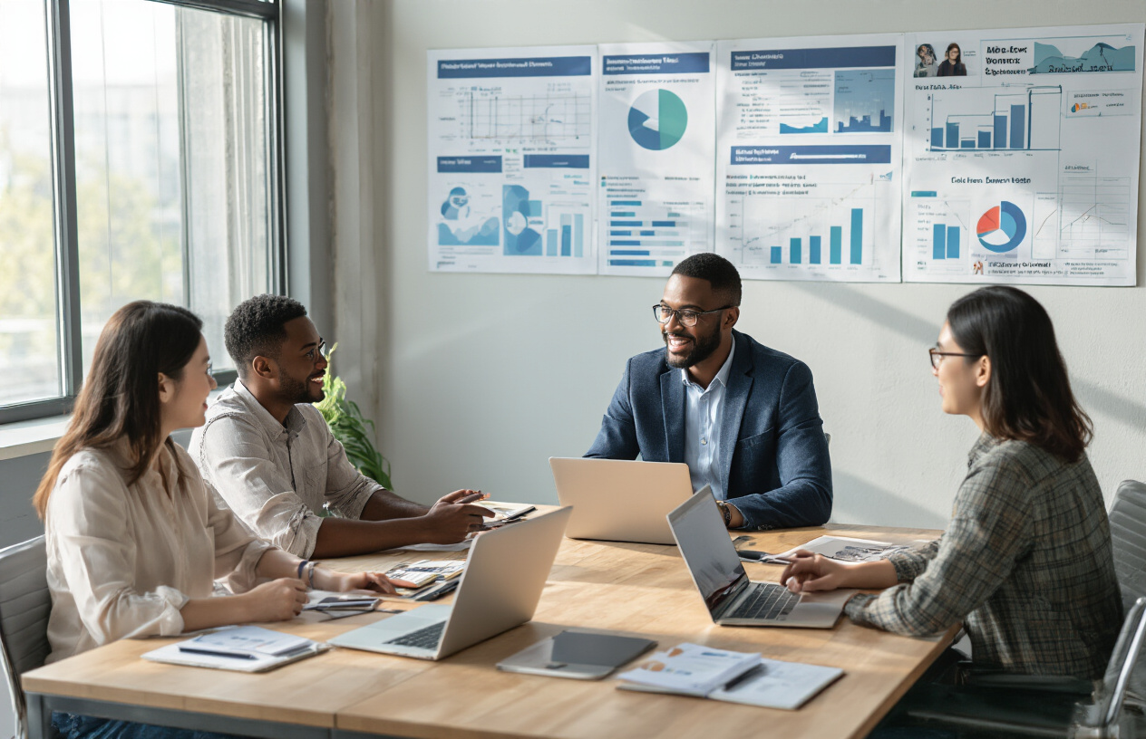 Create a realistic image of diverse group of people including white female, black male, and Asian female sitting around a modern conference table with laptops and tablets, engaged in collaborative discussion while looking at charts and progress tracking boards mounted on the wall behind them, bright office environment with natural lighting from large windows, professional atmosphere with accountability framework diagrams visible on whiteboards, organized workspace with notebooks and planning materials scattered on table, contemporary office setting with motivational charts showing member engagement metrics, absolutely NO text should be in the scene.