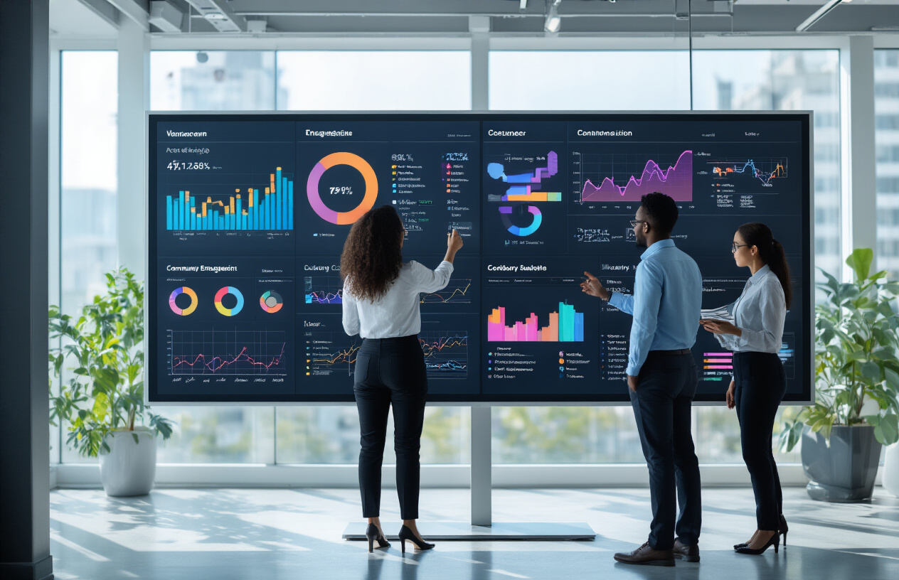 Create a realistic image of a modern office setting with a large wall-mounted dashboard displaying colorful data visualizations, charts, and graphs showing community engagement metrics, with a diverse group of three professionals - one white female, one black male, and one Asian female - standing in front of the dashboard analyzing the data, all wearing business casual attire, the scene lit with bright natural lighting from large windows, creating a professional and analytical atmosphere focused on measuring digital community performance. Absolutely NO text should be in the scene.