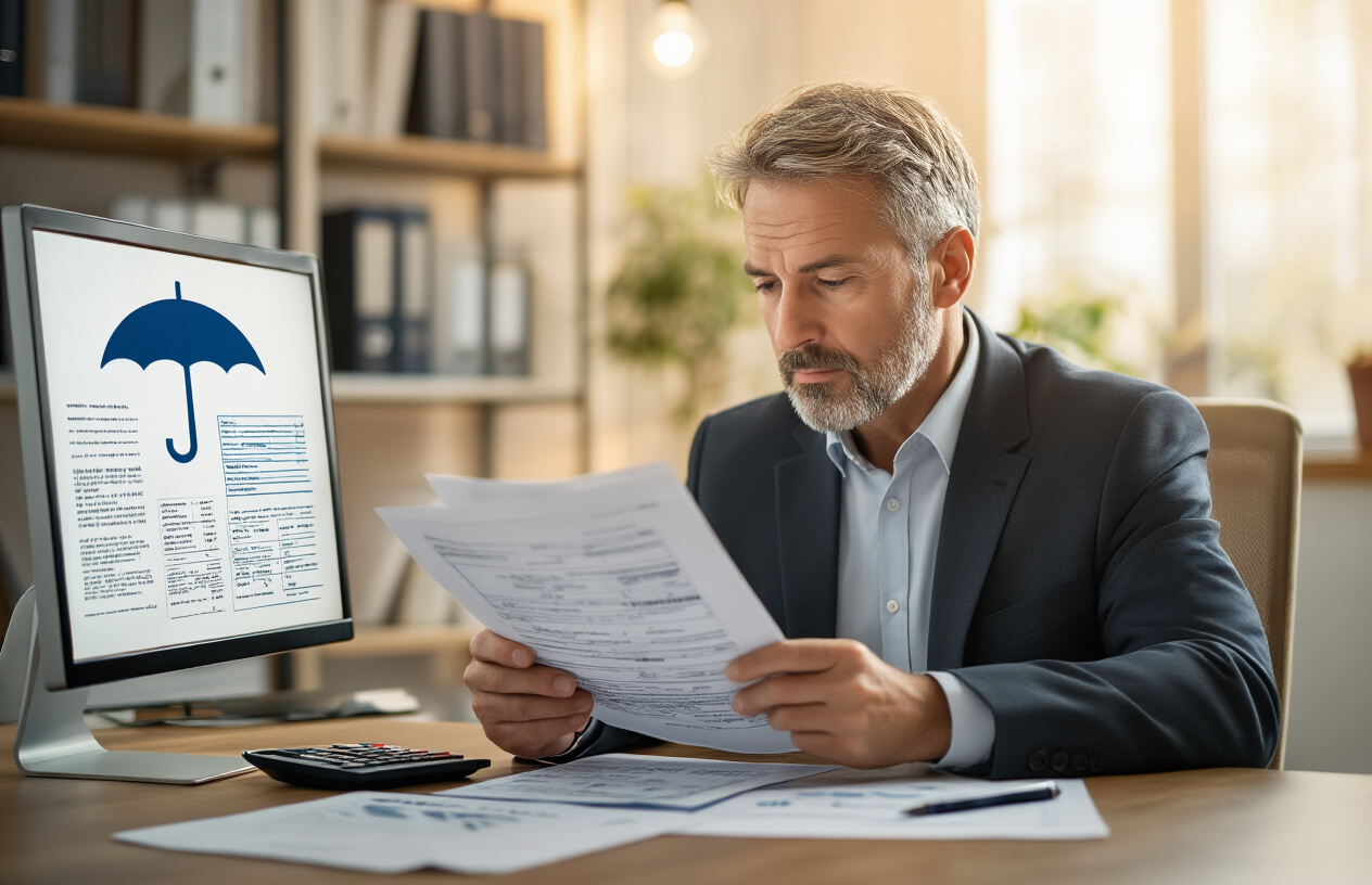 Create a realistic image of a middle-aged white male in a business suit sitting at a modern desk reviewing insurance documents and financial papers, with a protective umbrella icon visible on his computer screen, a calculator and pen nearby, warm office lighting creating a professional atmosphere, bookshelves with financial guides in the background, conveying security and strategic planning, absolutely NO text should be in the scene.