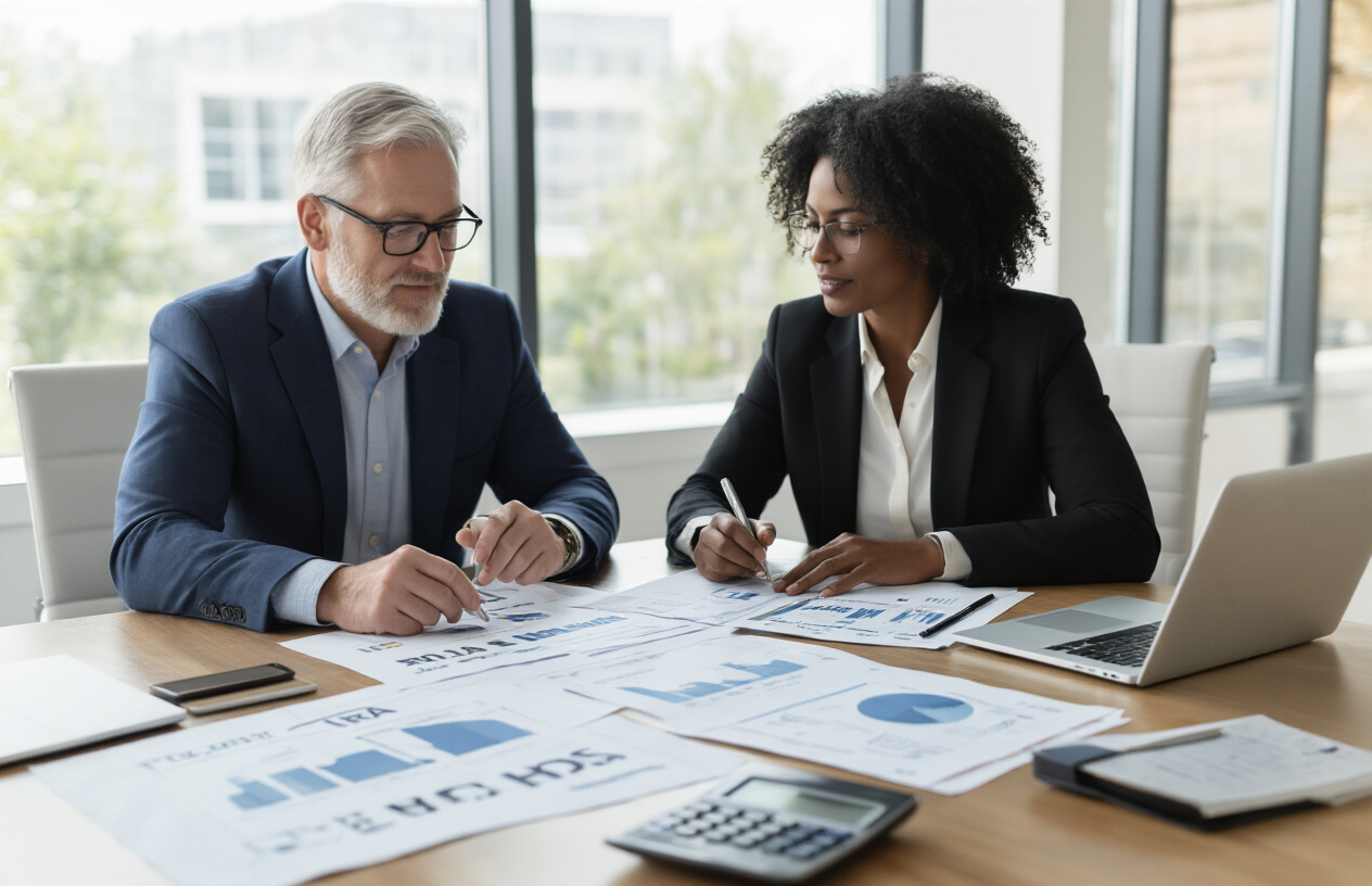 Create a realistic image of a diverse group of middle-aged professionals around age 40 including a white male and black female sitting at a modern conference table reviewing financial documents and charts showing 401k, IRA, and HSA account growth projections, with calculators, laptops, and retirement planning folders spread across the table, set in a bright contemporary financial advisor's office with natural lighting from large windows, creating a focused and optimistic atmosphere about securing financial future, absolutely NO text should be in the scene.