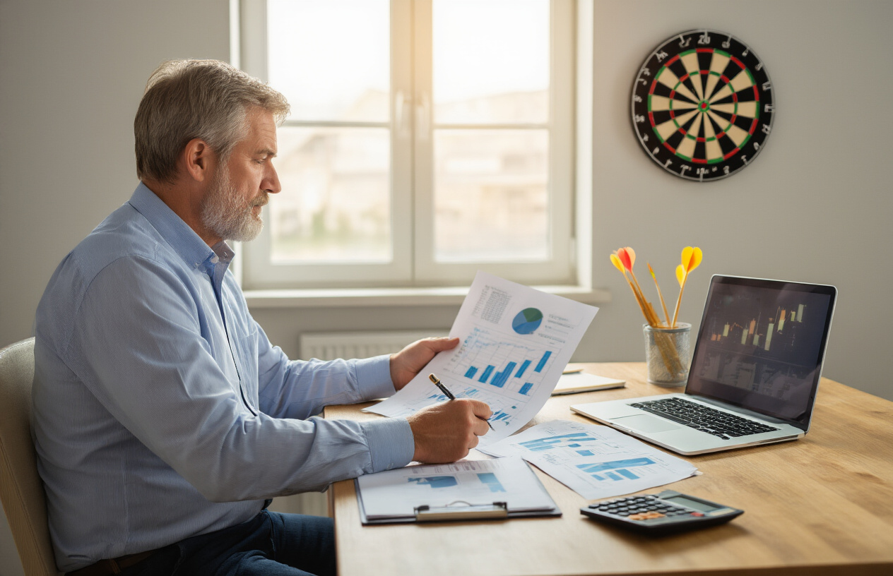 Create a realistic image of a middle-aged white male in business casual attire sitting at a clean wooden desk with a laptop, notepad, and calculator, studying financial charts and graphs spread across the desk, with a dartboard mounted on the wall in the background showing darts hitting the bullseye to symbolize target-setting, warm natural lighting from a window creating a focused and determined atmosphere in a modern home office setting, absolutely NO text should be in the scene.