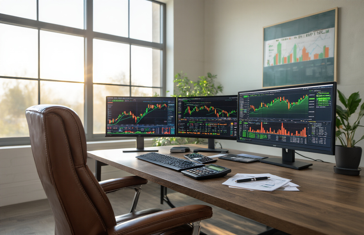 Create a realistic image of a modern financial workspace showing multiple computer monitors displaying colorful investment charts, stock market graphs, and portfolio analytics with upward trending green arrows, a sleek desk with financial documents and a calculator, a professional leather chair, warm natural lighting from a large window, and a clean contemporary office environment that conveys growth and long-term financial planning success, absolutely NO text should be in the scene.