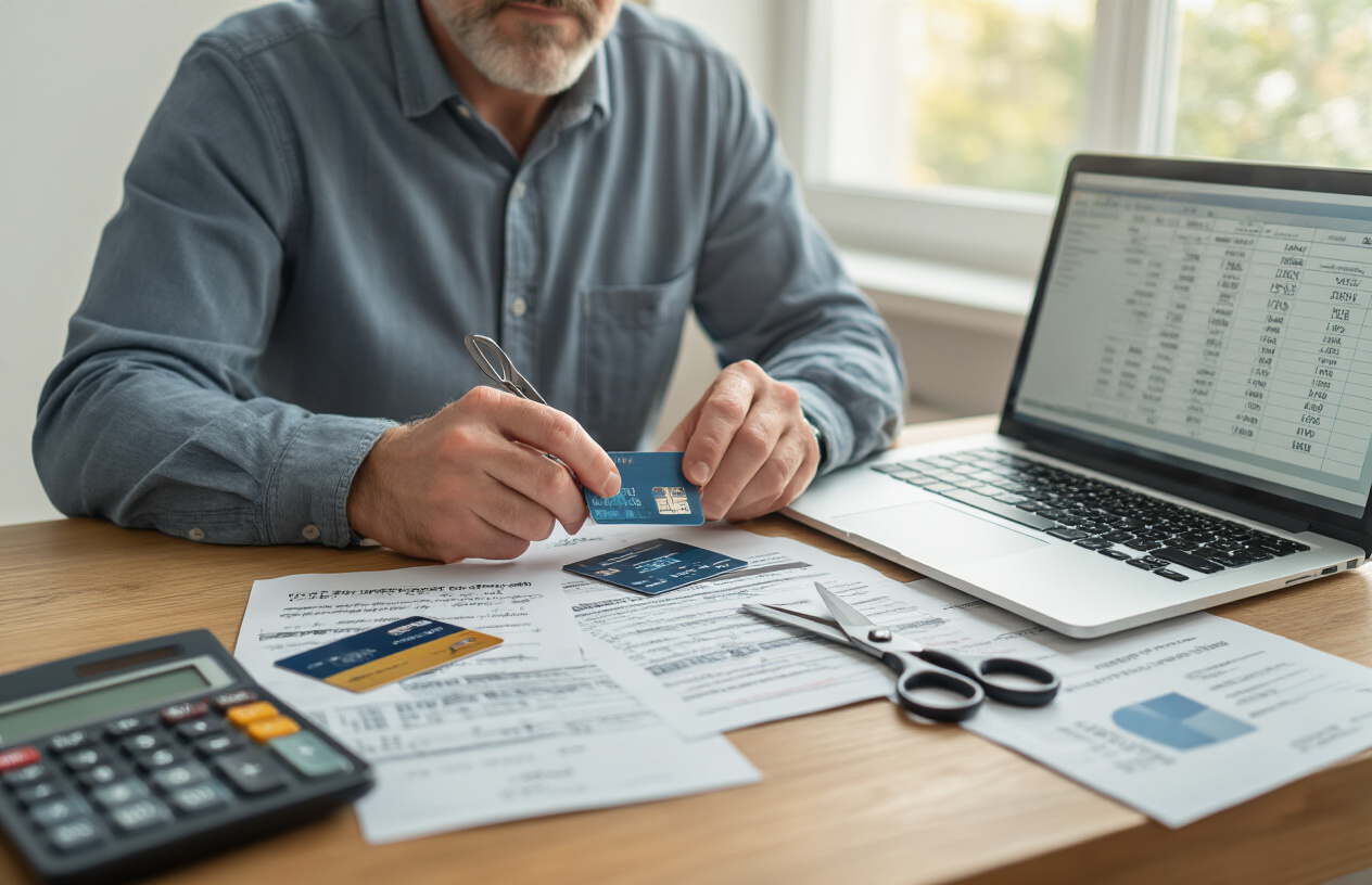 Create a realistic image of a middle-aged white male sitting at a clean wooden desk with multiple credit cards being cut with scissors, a calculator showing debt calculations, and organized financial documents spread out, with a laptop displaying a debt elimination spreadsheet in the background, soft natural lighting from a window, conveying a sense of determination and financial control, absolutely NO text should be in the scene.