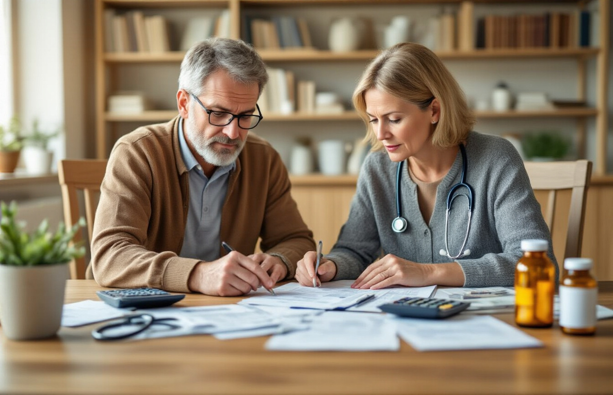 Create a realistic image of a middle-aged white male and female couple sitting at a wooden desk reviewing medical bills and healthcare documents, with a calculator, stethoscope, prescription bottles, and health insurance forms spread across the table, warm home office lighting with bookshelves in the background, serious but focused expressions as they plan their retirement healthcare budget, absolutely NO text should be in the scene.