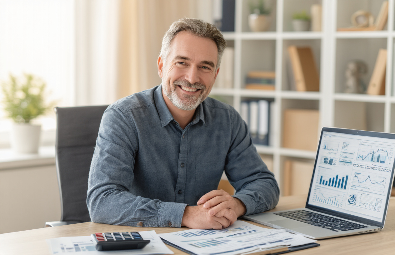 Create a realistic image of a professional middle-aged white male sitting confidently at a modern desk with a warm, satisfied smile, surrounded by organized financial documents, a calculator, and a laptop displaying charts and graphs, with a comfortable home office background featuring bookshelves and natural lighting from a window, conveying a sense of accomplishment and financial security after successful retirement planning, absolutely NO text should be in the scene.