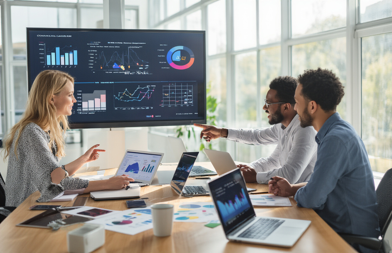 Create a realistic image of a diverse group of people including a white female community manager, a black male team leader, and an Asian female data analyst sitting around a modern conference table with laptops, tablets, and data charts spread across the surface, engaged in an animated discussion while pointing at colorful engagement metrics displayed on a large wall-mounted monitor, in a bright contemporary office space with natural lighting streaming through large windows, conveying a collaborative and strategic atmosphere focused on analyzing community engagement data and planning effective outreach strategies, absolutely NO text should be in the scene.