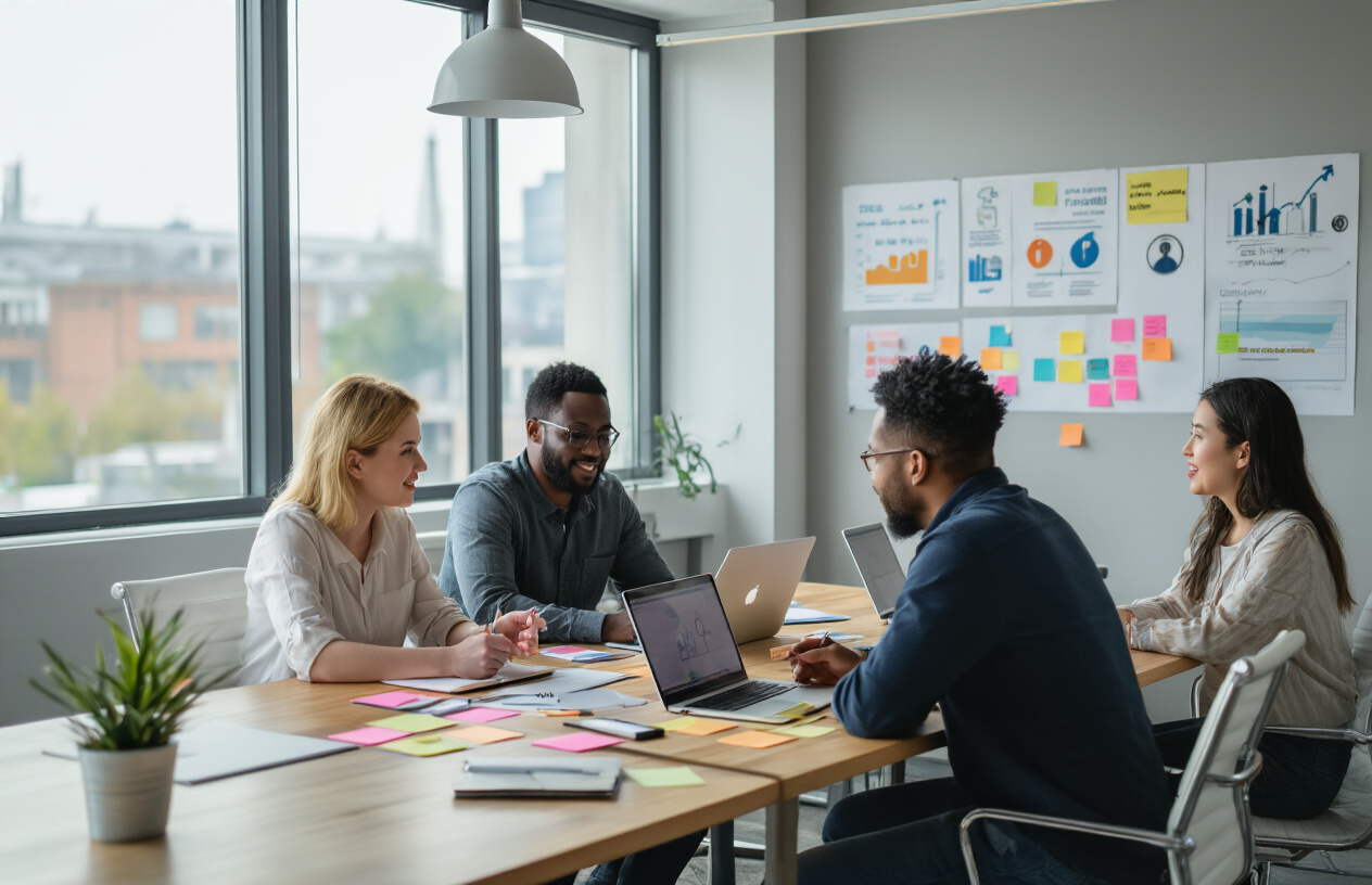 Create a realistic image of a diverse group of people including a white female, black male, and Asian female sitting around a modern conference table with laptops and notebooks, brainstorming and discussing ideas with sticky notes and planning materials scattered on the table, in a bright contemporary office space with large windows, natural lighting, and motivational charts on the walls showing growth and connection symbols, capturing an collaborative and energetic mood as they work together to build something from the ground up, absolutely NO text should be in the scene.