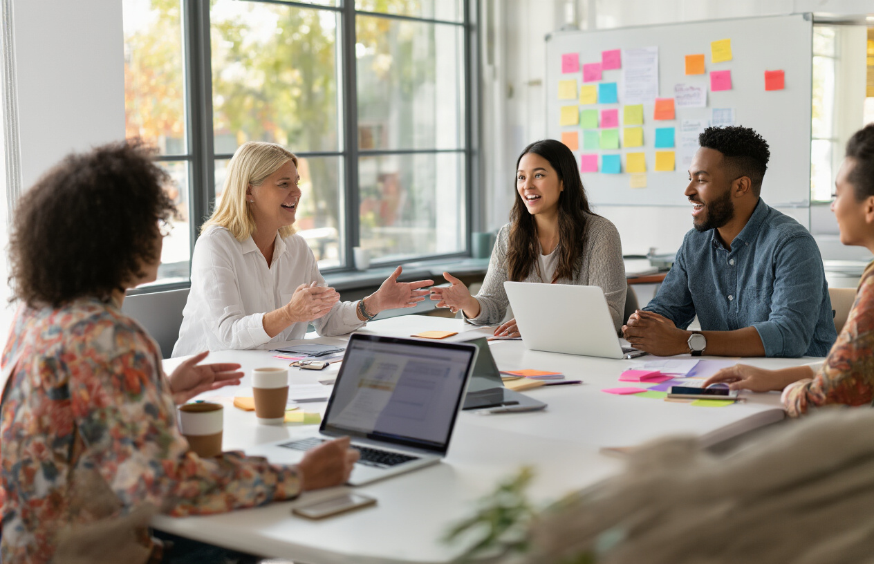 Create a realistic image of a diverse group of people actively engaging in community activities in a modern, well-lit community space with a white female moderator facilitating discussion among seated participants including a black male, an Asian female, and a Hispanic male, all looking animated and engaged while gesturing and interacting, with laptops and mobile devices visible on tables, colorful sticky notes on a whiteboard in the background, warm natural lighting streaming through large windows, and a vibrant, energetic atmosphere that conveys active participation and collaboration, absolutely NO text should be in the scene.