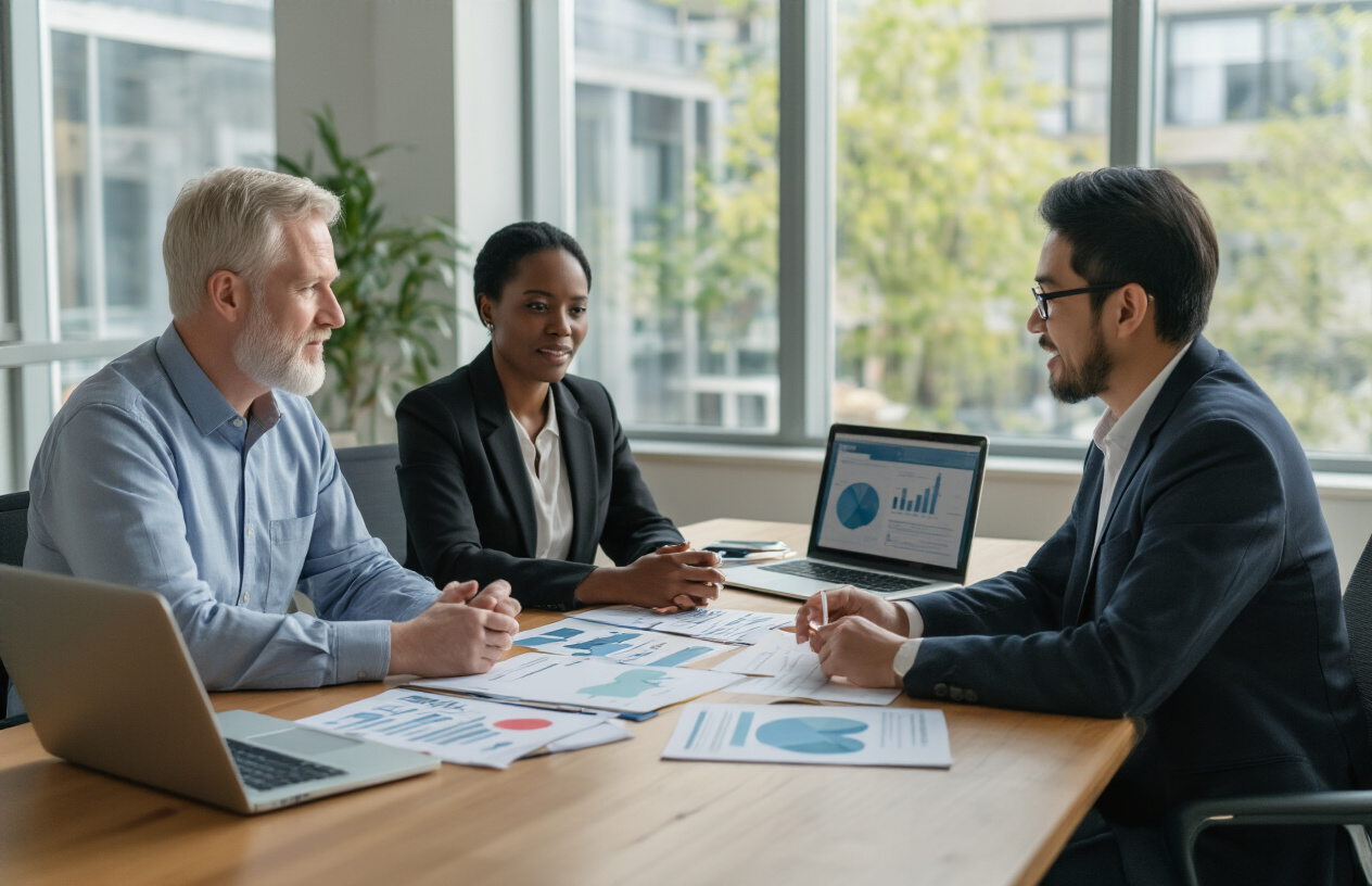 Create a realistic image of a diverse group meeting scene showing different organizational representatives collaborating around a modern conference table, including a white male nonprofit leader, a black female corporate executive, and an Asian male community organizer, with laptops, documents, and planning materials spread across the table, set in a bright contemporary office space with large windows, natural lighting, and a collaborative atmosphere conveying strategic planning and partnership building, absolutely NO text should be in the scene.