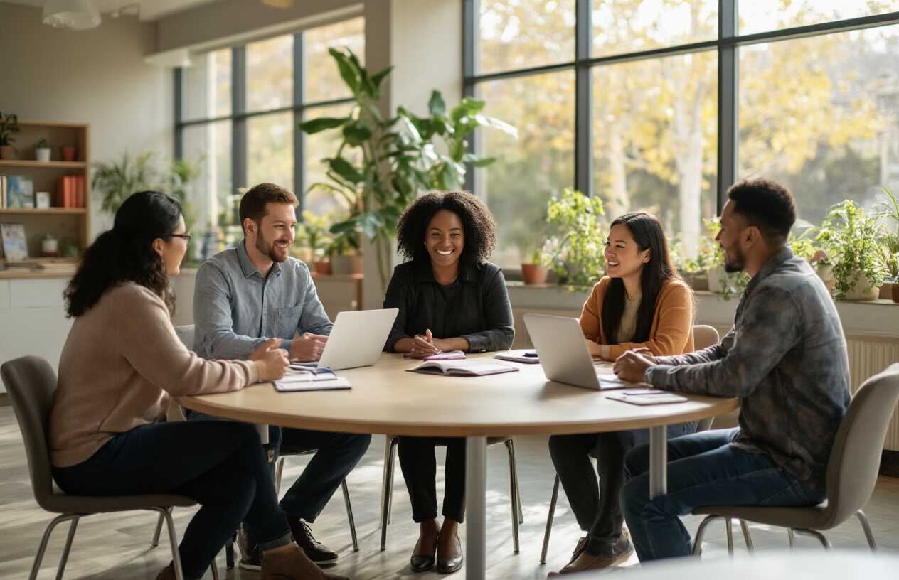 Create a realistic image of a diverse group of people sitting in a modern, well-lit community center or office space engaged in collaborative discussion, featuring a black female community manager facilitating a conversation with a white male, an Asian female, and a Hispanic male, all positioned around a circular table with laptops and notebooks, showing genuine smiles and engaged body language, with warm natural lighting streaming through large windows, plants in the background, and a welcoming atmosphere that conveys trust and positive relationships, absolutely NO text should be in the scene.