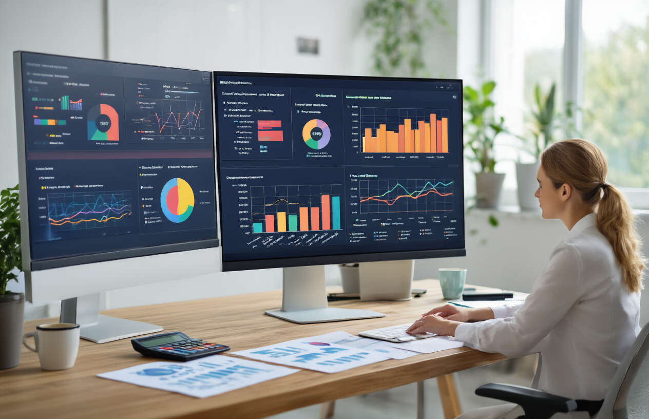 Create a realistic image of a modern office workspace with a large computer monitor displaying colorful analytics dashboards and charts showing community engagement metrics, with bar graphs, line charts, and pie charts visible on screen, a white female professional in business attire sitting at the desk analyzing the data, additional papers with printed graphs scattered on the wooden desk surface, a calculator and coffee cup nearby, bright natural lighting from a window, clean minimalist office background with plants, professional atmosphere conveying data analysis and measurement success, absolutely NO text should be in the scene.