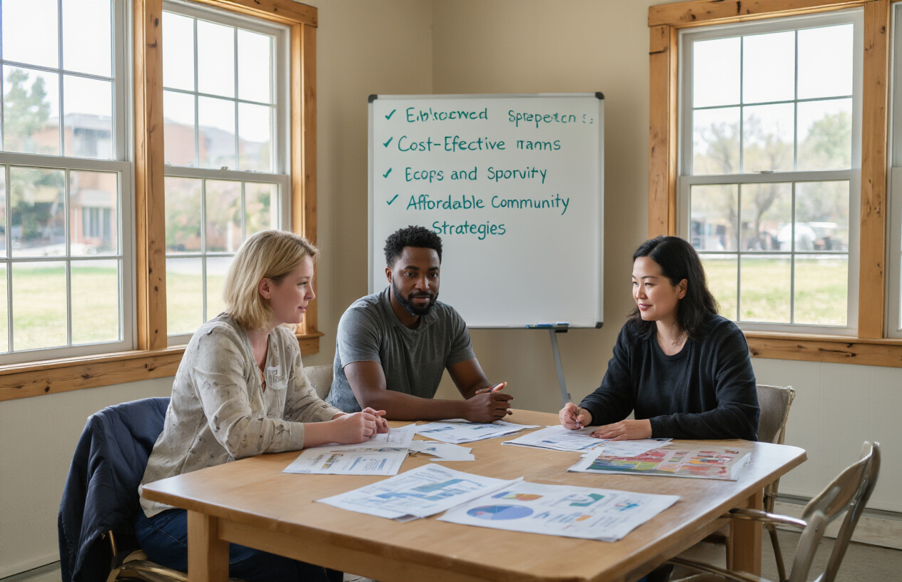 Create a realistic image of a diverse group including a white female manager, black male volunteer, and Asian female community member sitting around a simple wooden table in a modest community center room, reviewing budget documents and planning materials spread across the table, with a whiteboard showing cost-effective community engagement strategies in the background, natural lighting from large windows, collaborative and resourceful atmosphere, showing people of different organizational backgrounds working together on affordable community building solutions, absolutely NO text should be in the scene.