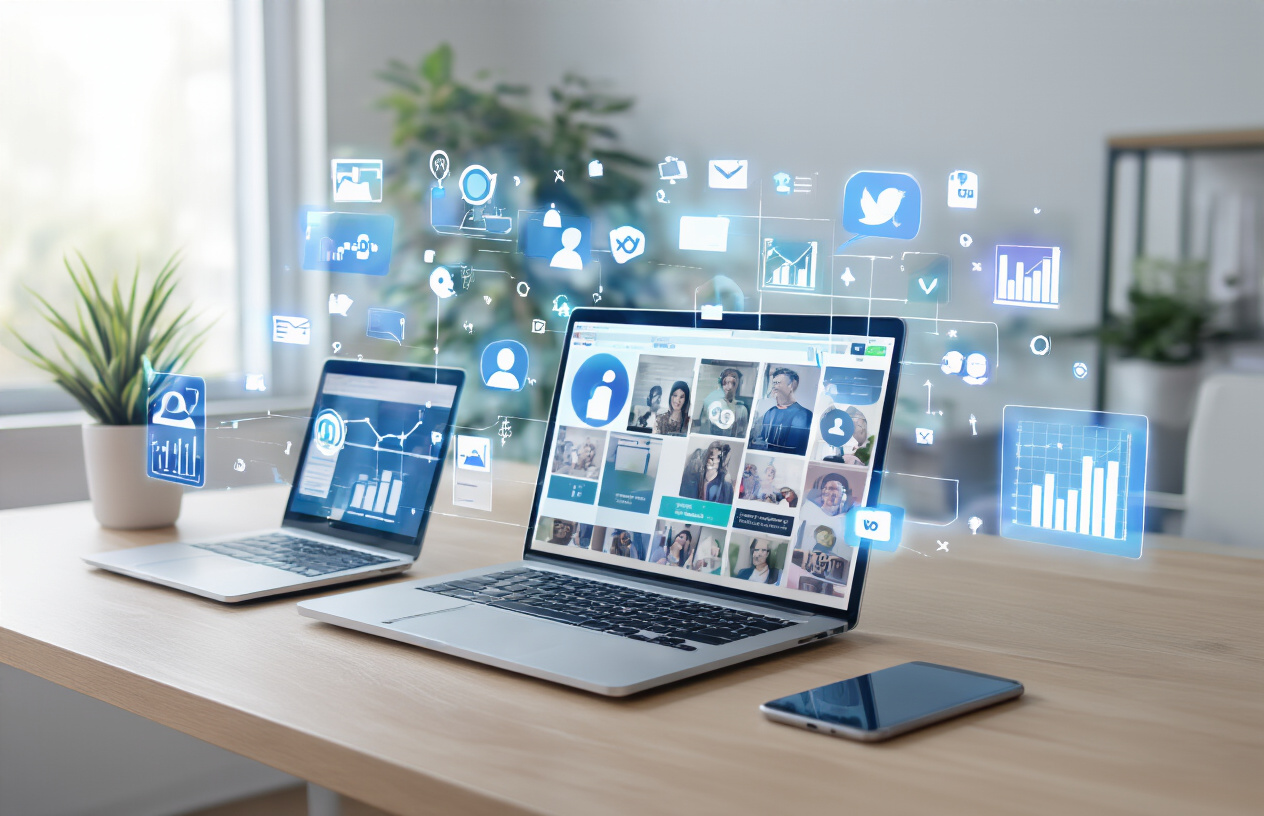 Create a realistic image of a modern workspace desk setup featuring multiple digital devices including a laptop, tablet, and smartphone displaying various social media and community management interfaces, with floating holographic icons representing different social platforms, analytics charts, and communication tools surrounding the devices, set against a clean minimalist office background with soft natural lighting from a window, creating a professional and tech-savvy atmosphere that conveys efficient digital community management, absolutely NO text should be in the scene.