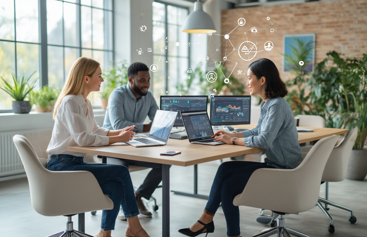 Create a realistic image of a diverse group of people including a white female, black male, and Asian female sitting around a modern conference table with laptops and smartphones, actively collaborating and discussing while looking at digital analytics dashboards on their screens, surrounded by a bright modern office environment with large windows showing natural daylight, plants in the background, and a warm collaborative atmosphere that conveys successful community building and engagement, with subtle visual elements like connected network icons floating subtly in the air around them, shot with soft natural lighting that creates an optimistic and productive mood. Absolutely NO text should be in the scene.