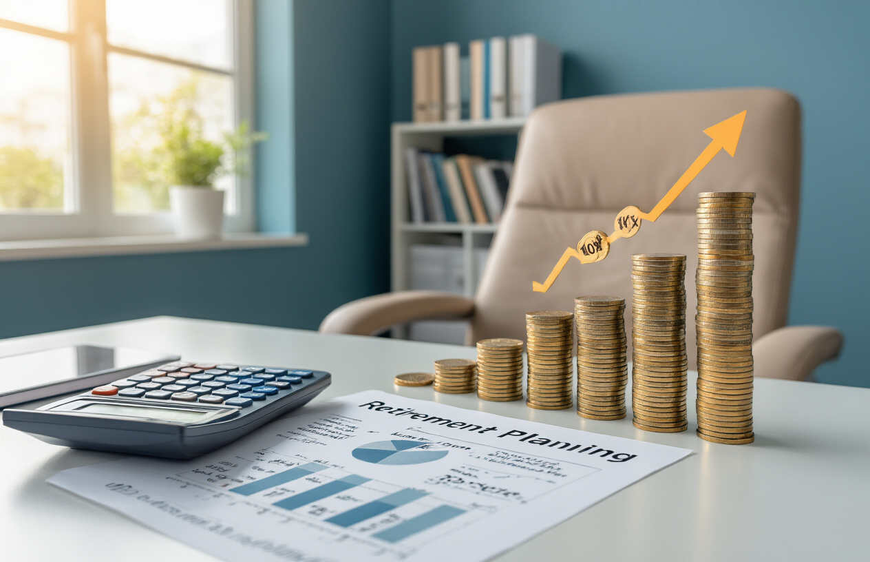 Create a realistic image of a modern financial planning office setting with a clean white desk displaying a calculator, retirement planning documents, and a graph chart showing the "10x rule" with stacked coins or dollar bills arranged in increasing heights representing savings multiples, a comfortable office chair, warm natural lighting from a window, professional atmosphere with subtle blue and green color scheme, and a bookshelf with financial guides in the background, absolutely NO text should be in the scene.