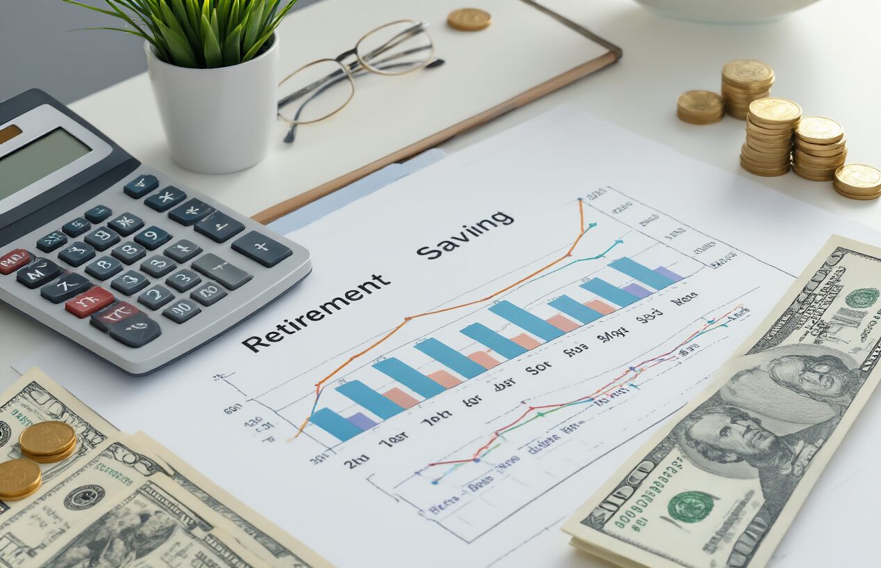 Create a realistic image of a professional financial planning chart or graph showing retirement savings milestones across different age groups, displayed on a clean white background with colorful bar charts or line graphs representing increasing savings amounts from age 20s to 60s, accompanied by a calculator, some coins and dollar bills, and a retirement planning document or notebook, with soft natural lighting creating a professional and organized atmosphere, absolutely NO text should be in the scene.