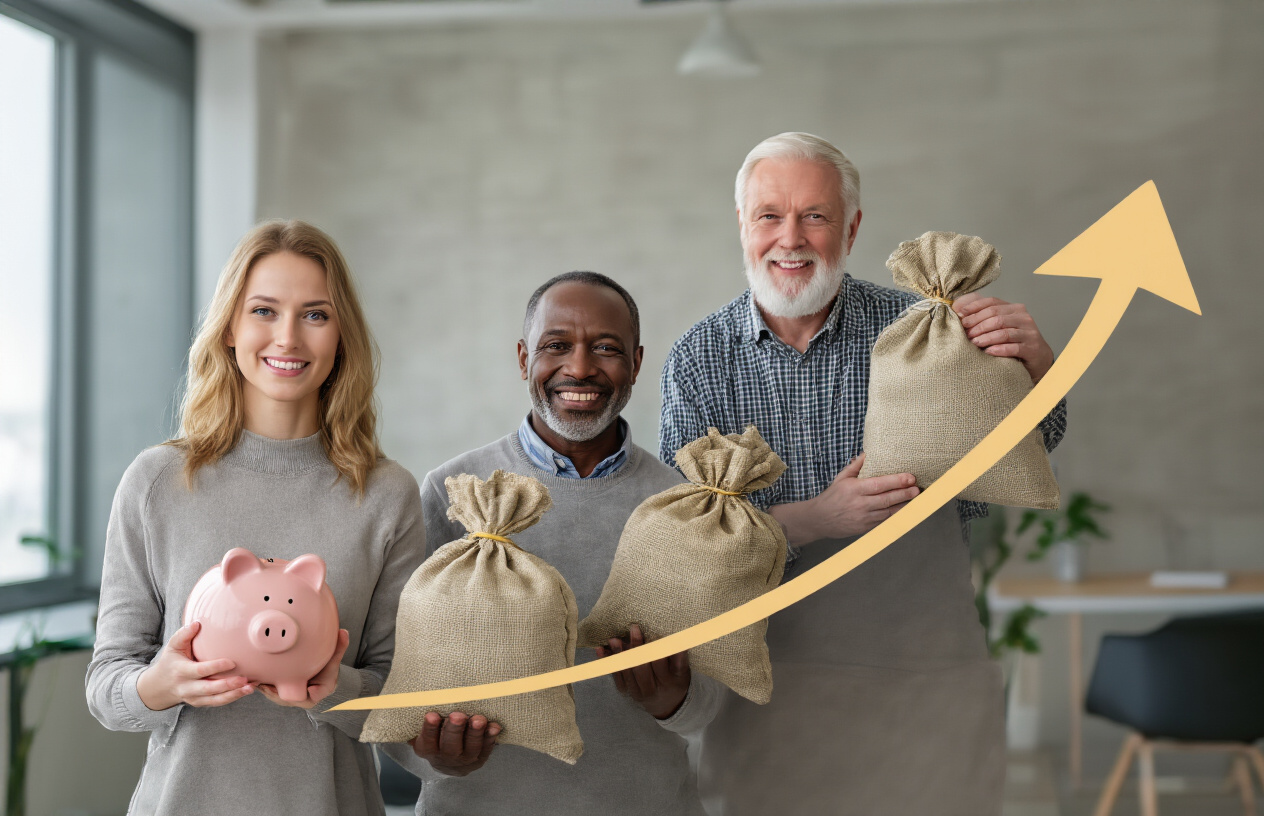 Create a realistic image of a diverse group showing a young white female in her 30s, a middle-aged black male in his 50s, and an elderly white male in his 70s standing at different points along a curved upward arrow timeline, each holding different sized money bags or piggy banks that increase in size from youngest to oldest, set against a clean modern office background with soft natural lighting, conveying the concept that retirement savings targets vary based on age, absolutely NO text should be in the scene.