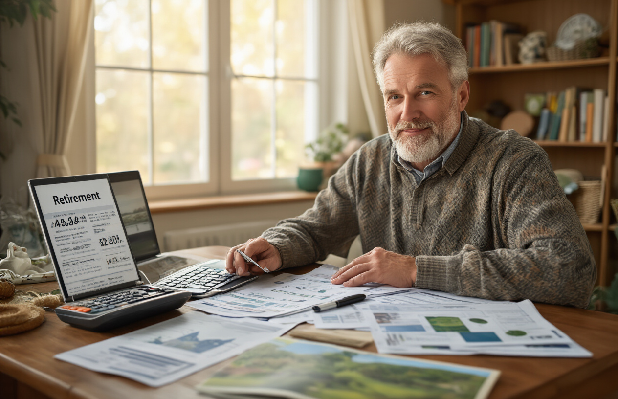 Create a realistic image of a middle-aged white male sitting at a wooden desk with financial documents, calculator, and laptop open showing retirement planning spreadsheets, surrounded by visual lifestyle elements including travel brochures, golf equipment, gardening tools, and hobby items representing different retirement activities, with a cozy home office background featuring bookshelves and warm natural lighting from a window, conveying a thoughtful planning atmosphere as he adjusts his savings strategy based on desired retirement goals, absolutely NO text should be in the scene.