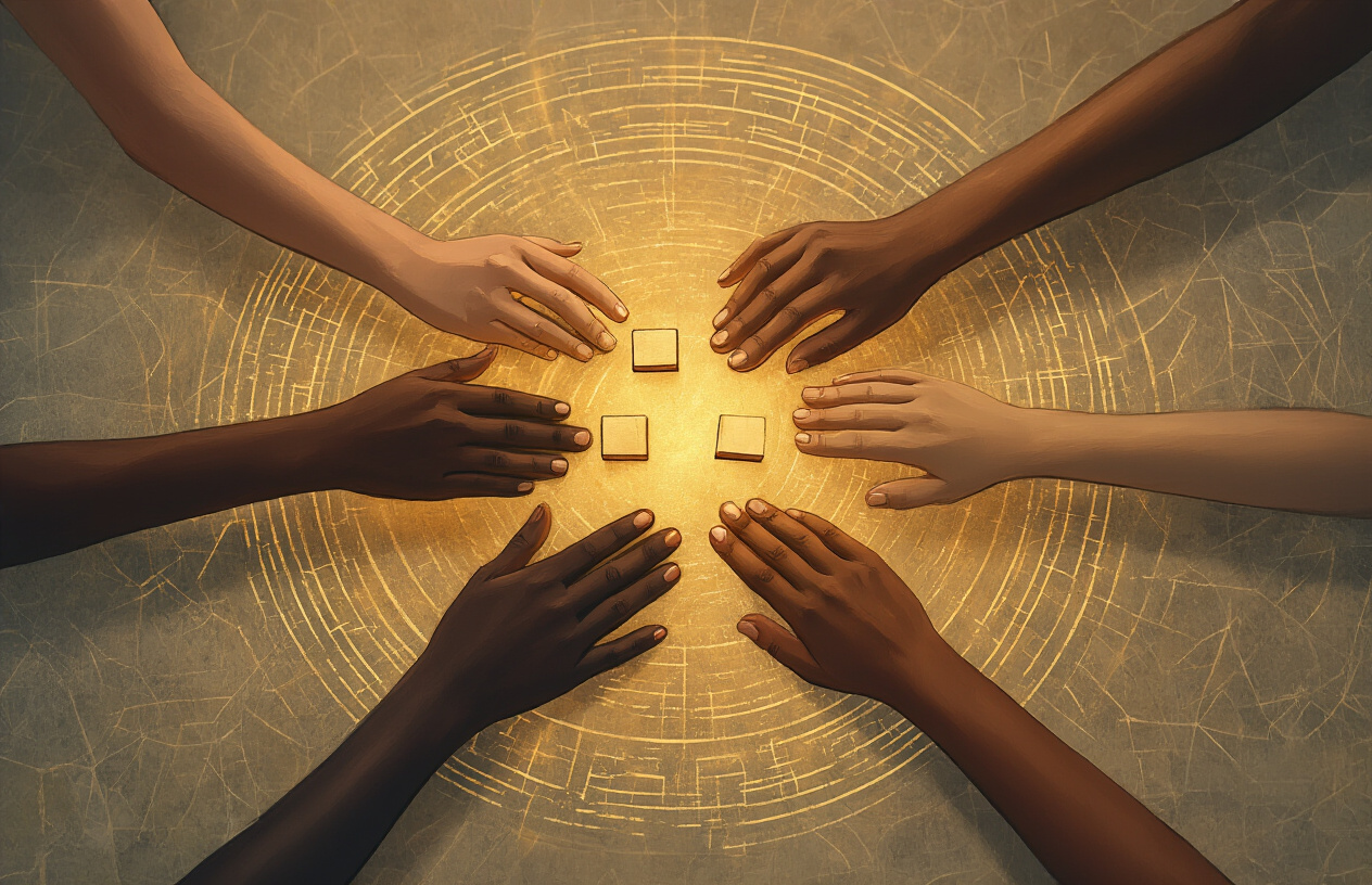 Create a realistic image of diverse hands of different skin tones coming together to place foundation stones or building blocks in a circular arrangement, symbolizing community building, with warm golden lighting creating an inspiring atmosphere, shot from above to show the collaborative effort, with a clean modern background suggesting digital connectivity through subtle geometric patterns, conveying teamwork and sustainable growth. Absolutely NO text should be in the scene.