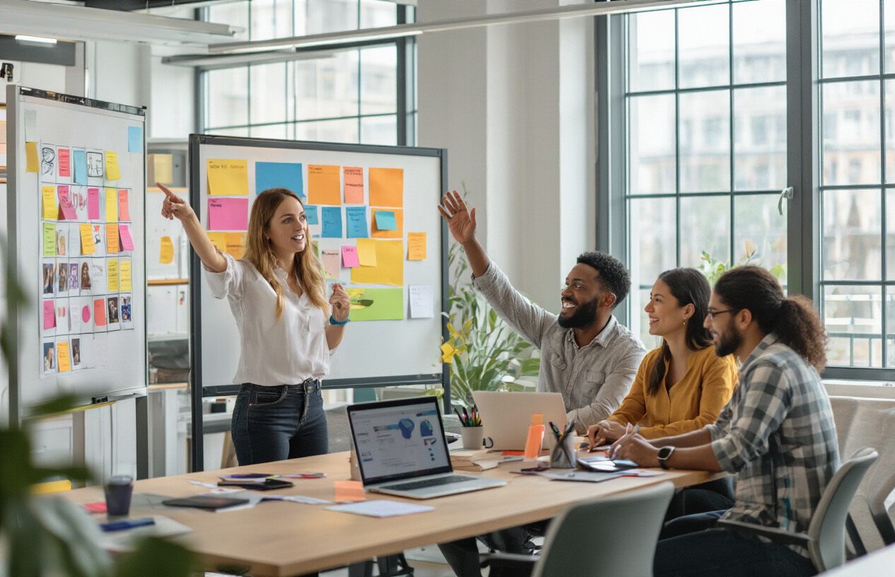 Create a realistic image of a modern office space with diverse people actively participating in quick engagement activities, featuring a white female facilitator pointing to a colorful activity board, a black male participant raising his hand enthusiastically, an Asian female writing on sticky notes, and a Hispanic male collaborating with others around a table with laptops and mobile devices, bright natural lighting from large windows, energetic and collaborative atmosphere with vibrant colors, contemporary furniture and digital devices scattered around, absolutely NO text should be in the scene.