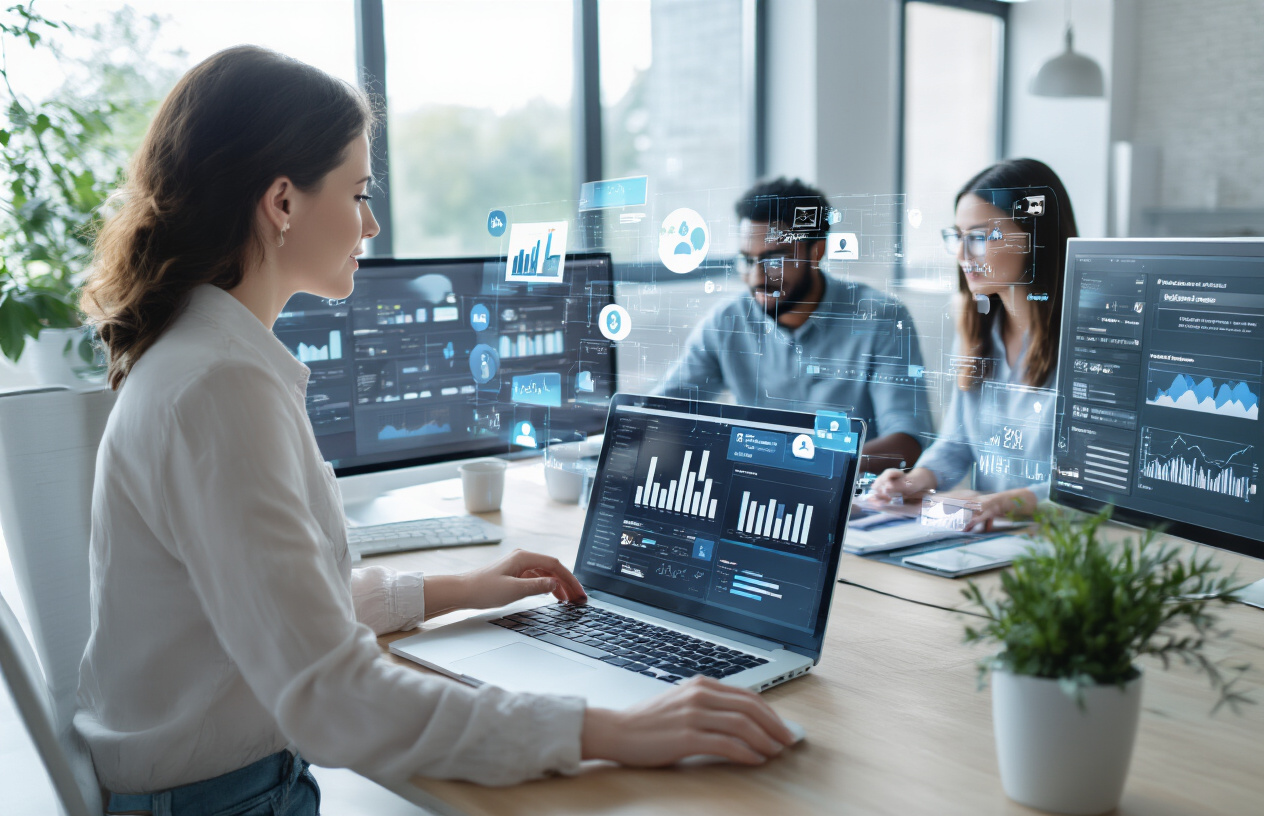 Create a realistic image of a modern workspace showing content creation and digital engagement systems, featuring a diverse group including a white female content creator at a laptop displaying analytics dashboards, a black male designer working on visual content layouts, and an Asian female community manager reviewing engagement metrics on multiple monitors, with digital content elements like social media icons, engagement graphs, and community interaction visuals floating holographically above their devices, set in a bright contemporary office with natural lighting streaming through large windows, conveying innovation and collaborative energy, absolutely NO text should be in the scene.