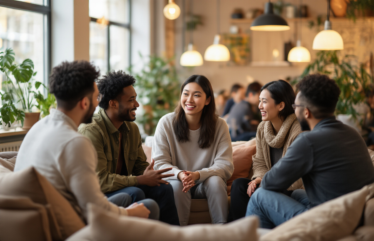 Create a realistic image of a diverse group of people including white, black, and Asian males and females sitting in a comfortable circle during an intimate networking event, engaging in animated conversation with warm smiles and gestures, in a modern cozy venue with soft ambient lighting from pendant lamps, comfortable seating arrangements with cushions and low tables, plants in the background, creating a welcoming atmosphere that emphasizes personal connection and community building, with people leaning forward showing active engagement and genuine interest in each other, absolutely NO text should be in the scene.