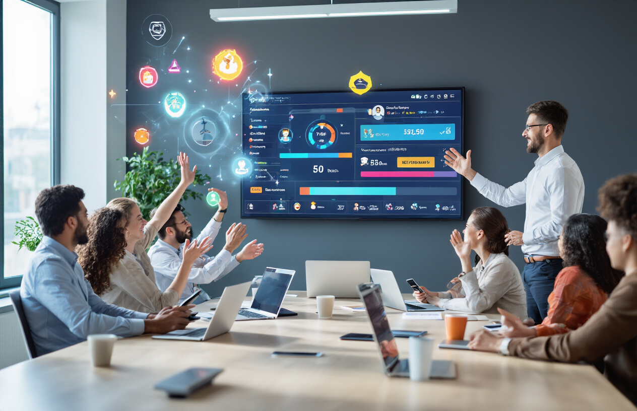 Create a realistic image of a diverse group of people sitting around a modern conference table with laptops and smartphones, showing achievement badges, progress bars, and point systems floating as holographic elements above their devices, with a white male facilitator standing and gesturing toward a large wall-mounted screen displaying colorful gamification dashboards with leaderboards and reward systems, set in a bright contemporary office space with natural lighting from large windows, conveying an enthusiastic and motivated atmosphere as team members celebrate their progress with raised hands and smiles, absolutely NO text should be in the scene.