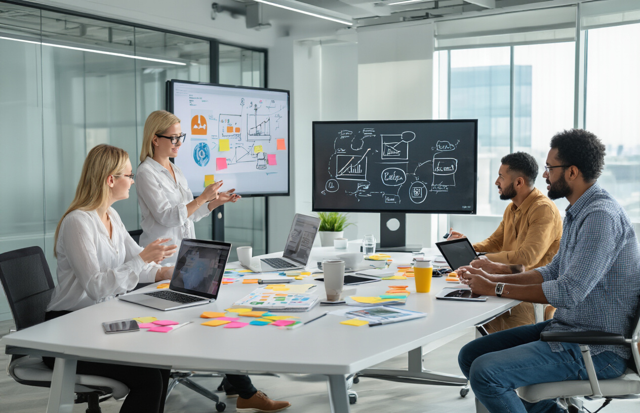Create a realistic image of diverse group of people collaborating around a modern conference table with laptops, tablets, and digital devices, showing a white female presenting ideas on a large digital screen, a black male taking notes, an Asian female sketching concepts on a tablet, and a Hispanic male gesturing during discussion, with sticky notes and brainstorming materials scattered on the table, bright modern office environment with glass walls and natural lighting, collaborative and innovative atmosphere, absolutely NO text should be in the scene.