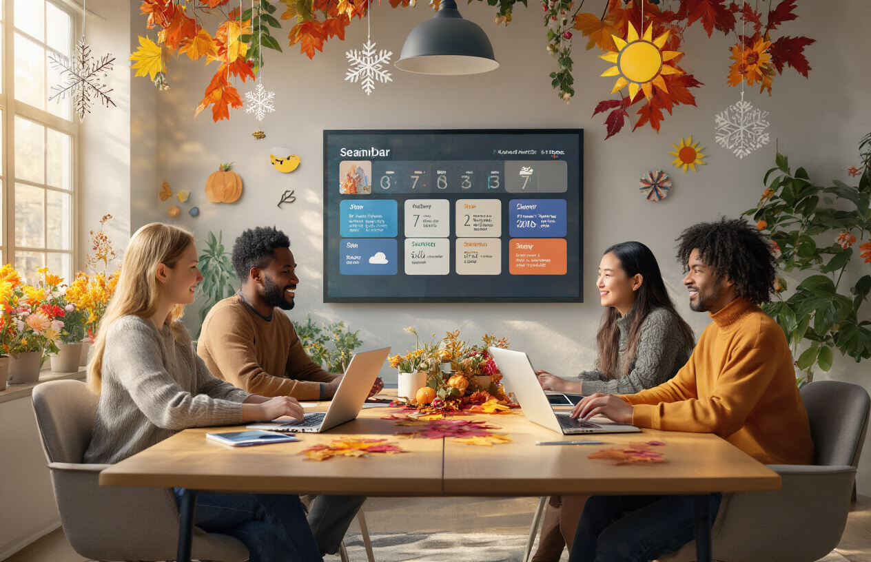 Create a realistic image of a diverse group of people including a white female, black male, and Asian female sitting around a modern conference table with laptops and tablets, surrounded by colorful seasonal decorations including autumn leaves, winter snowflakes, spring flowers, and summer sun symbols hanging from the ceiling and walls, with a large digital calendar display showing different months in the background, warm natural lighting streaming through large windows, creating an atmosphere of collaborative planning and creative brainstorming for seasonal community engagement strategies, absolutely NO text should be in the scene.