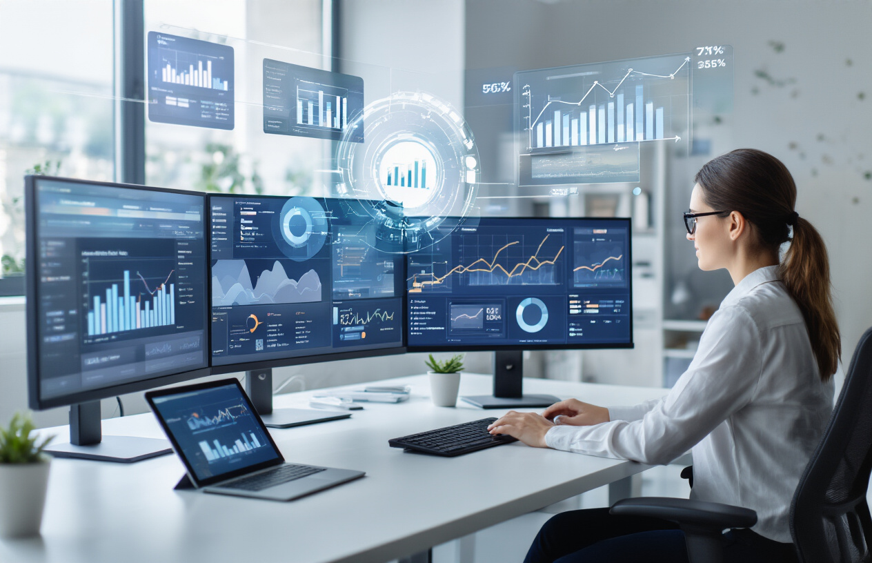 Create a realistic image of a modern digital workspace showing multiple interconnected screens displaying community analytics dashboards, automated workflow diagrams, and engagement metrics with upward trending graphs, featuring a white female community manager working at a sleek desk with advanced technology setup including tablets and monitors, surrounded by floating holographic interface elements representing scaling systems, set in a bright contemporary office with natural lighting, conveying innovation and growth, absolutely NO text should be in the scene.