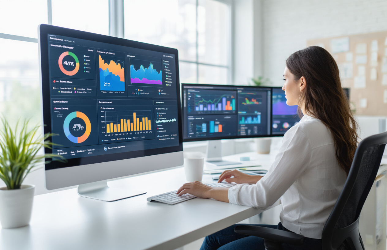 Create a realistic image of a modern office workspace with a large computer monitor displaying colorful analytics dashboards and community health metrics including charts, graphs, and engagement data visualizations, with a white female community manager sitting at the desk analyzing the data, surrounded by additional screens showing social media feeds and community statistics, in a bright contemporary office setting with natural lighting from windows, conveying a professional and analytical atmosphere focused on digital community measurement and optimization, absolutely NO text should be in the scene.
