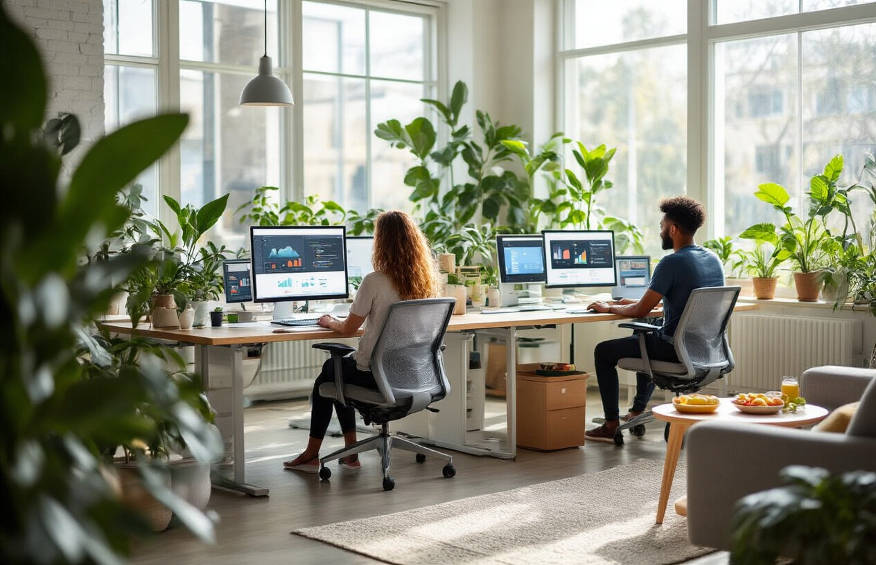 Create a realistic image of a diverse group of online community managers working collaboratively in a modern, well-lit office space with large windows showing natural daylight, featuring a white female and black male sitting at ergonomic desks with laptops and multiple monitors displaying community dashboards, surrounded by healthy plants and comfortable seating areas, with a calm and balanced atmosphere that conveys sustainable productivity, including wellness elements like a yoga mat in the corner and healthy snacks on a side table, with soft natural lighting creating a peaceful yet productive environment. Absolutely NO text should be in the scene.