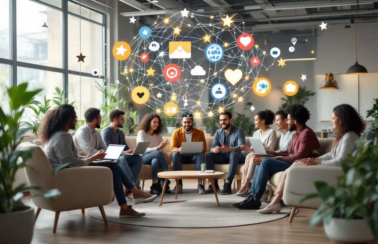 Create a realistic image of a diverse group of people including white, black, and Asian males and females sitting in a modern circular arrangement having an animated discussion, with laptops and mobile devices visible, connected by glowing network lines and nodes floating above them representing digital connections, set in a bright contemporary co-working space with large windows, plants, and collaborative furniture, conveying growth and success through warm natural lighting and engaged body language, with floating icons of stars, hearts, and connection symbols subtly integrated into the scene, absolutely NO text should be in the scene.