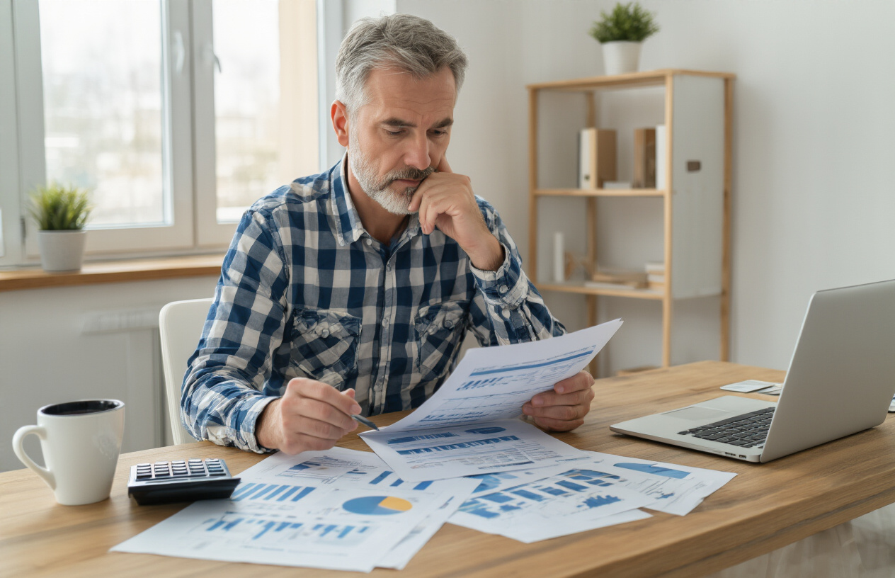 Create a realistic image of a middle-aged white male sitting at a modern wooden desk, thoughtfully reviewing financial documents and charts spread out before him, with a calculator, laptop computer, and coffee cup nearby, surrounded by a clean contemporary home office environment with natural lighting from a window, conveying a focused and planning-oriented atmosphere for retirement financial planning, absolutely NO text should be in the scene.
