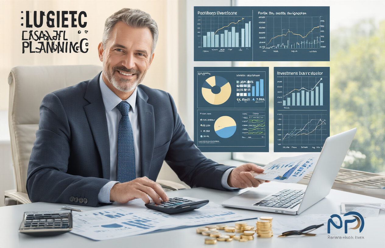 Create a realistic image of a professional financial planning scene with a middle-aged white male financial advisor in a business suit sitting at a modern desk with a laptop, calculator, and financial charts showing portfolio diversification graphs, surrounded by investment-related elements like stock market displays, pie charts, and growth trend visualizations, with a clean modern office background featuring soft natural lighting from a window, conveying a strategic and trustworthy atmosphere for retirement planning, absolutely NO text should be in the scene.