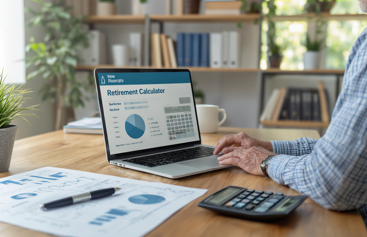 Create a realistic image of a middle-aged white male sitting at a modern desk using a laptop computer with a retirement calculator interface visible on the screen, surrounded by financial documents, charts, and a calculator on the wooden desk surface, with a bright office environment featuring natural lighting from a window, bookshelves with financial planning books in the background, and a professional yet comfortable atmosphere that conveys focused financial planning activity, absolutely NO text should be in the scene.