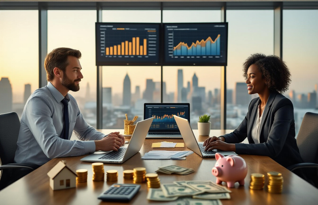 Create a realistic image of a diverse group including a white male and black female financial advisors sitting at a modern conference table with laptops, calculators, and investment charts spread across the surface, surrounded by upward trending graphs displayed on wall monitors, golden coins and dollar bills neatly stacked on the table, a piggy bank and miniature house model representing savings goals, warm professional lighting creating an optimistic atmosphere in a sleek office environment with large windows showing a city skyline, conveying success and financial growth through collaborative retirement planning, absolutely NO text should be in the scene.