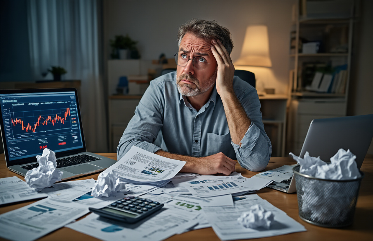 Create a realistic image of a middle-aged white male sitting at a desk looking confused and frustrated while surrounded by scattered financial documents, calculator, and laptop screen showing declining investment graphs, with crumpled papers in a trash bin nearby, red warning symbols or error indicators visible on some documents, dimly lit home office setting with concerned expression on his face, representing poor retirement planning decisions, absolutely NO text should be in the scene.