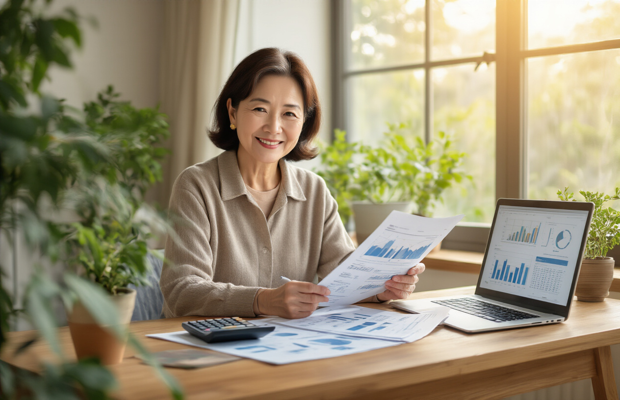 Create a realistic image of a serene middle-aged Asian female sitting at a modern wooden desk with a warm smile of satisfaction and confidence, reviewing financial documents and charts spread across the desk, with a calculator, laptop showing graphs, and a small potted plant nearby, surrounded by a bright home office environment with natural lighting streaming through a window, golden hour lighting creating a peaceful and accomplished atmosphere that conveys financial security and successful retirement planning completion, absolutely NO text should be in the scene.