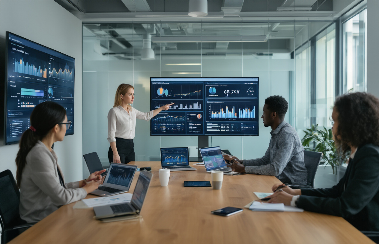 Create a realistic image of a diverse group of professionals gathered around a modern conference table with laptops and tablets displaying declining engagement charts and analytics dashboards, showing a white female team leader pointing at concerning metrics on a large wall-mounted monitor, with a black male colleague taking notes and an Asian female analyzing data on her device, set in a contemporary office space with glass walls and natural lighting, creating a focused problem-solving atmosphere as they examine community engagement statistics and user interaction patterns, absolutely NO text should be in the scene.