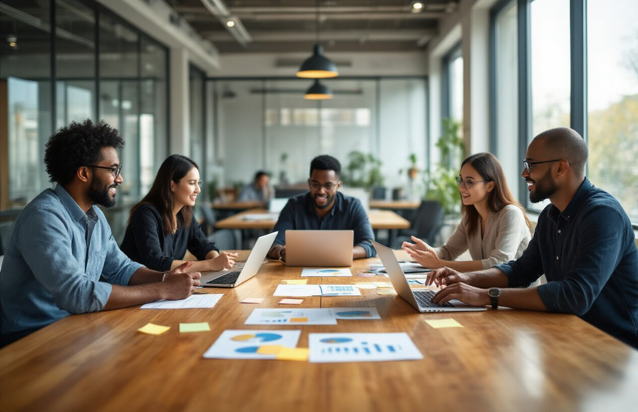 Create a realistic image of a diverse group of people including white, black, and Asian men and women sitting in a modern collaborative workspace around a large wooden conference table, actively engaged in discussion and planning, with laptops open, sticky notes, and strategy documents spread across the table, hands gesturing as they share ideas, warm natural lighting streaming through large windows, contemporary office environment with glass walls and modern furniture in the background, professional yet welcoming atmosphere conveying teamwork and foundation-building, absolutely NO text should be in the scene.