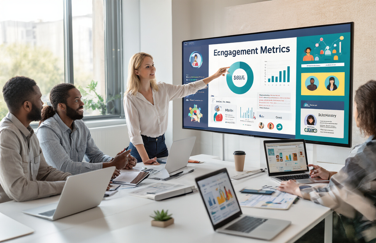 Create a realistic image of diverse people actively engaging around a large digital interactive display board showing colorful engagement metrics, charts, and community icons, with a white female facilitator pointing to participation data while a black male and Asian female participants are taking notes and discussing strategies, set in a modern bright conference room with natural lighting from large windows, conveying an atmosphere of collaboration and strategic planning, with laptops and tablets on the table showing community interface mockups, absolutely NO text should be in the scene.