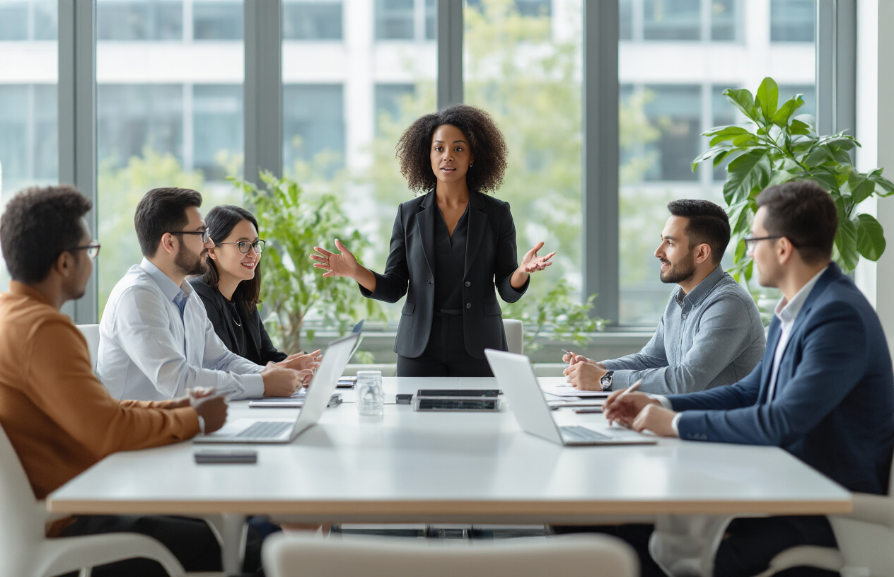 Create a realistic image of a diverse group of people sitting around a modern conference table in a bright office setting, with a black female facilitator standing and gesturing while presenting to an engaged audience of white male, Asian female, and Hispanic male participants who are actively listening and taking notes, with laptops and smartphones visible on the table, natural lighting from large windows, professional yet collaborative atmosphere, modern office furniture and decor in the background, absolutely NO text should be in the scene.