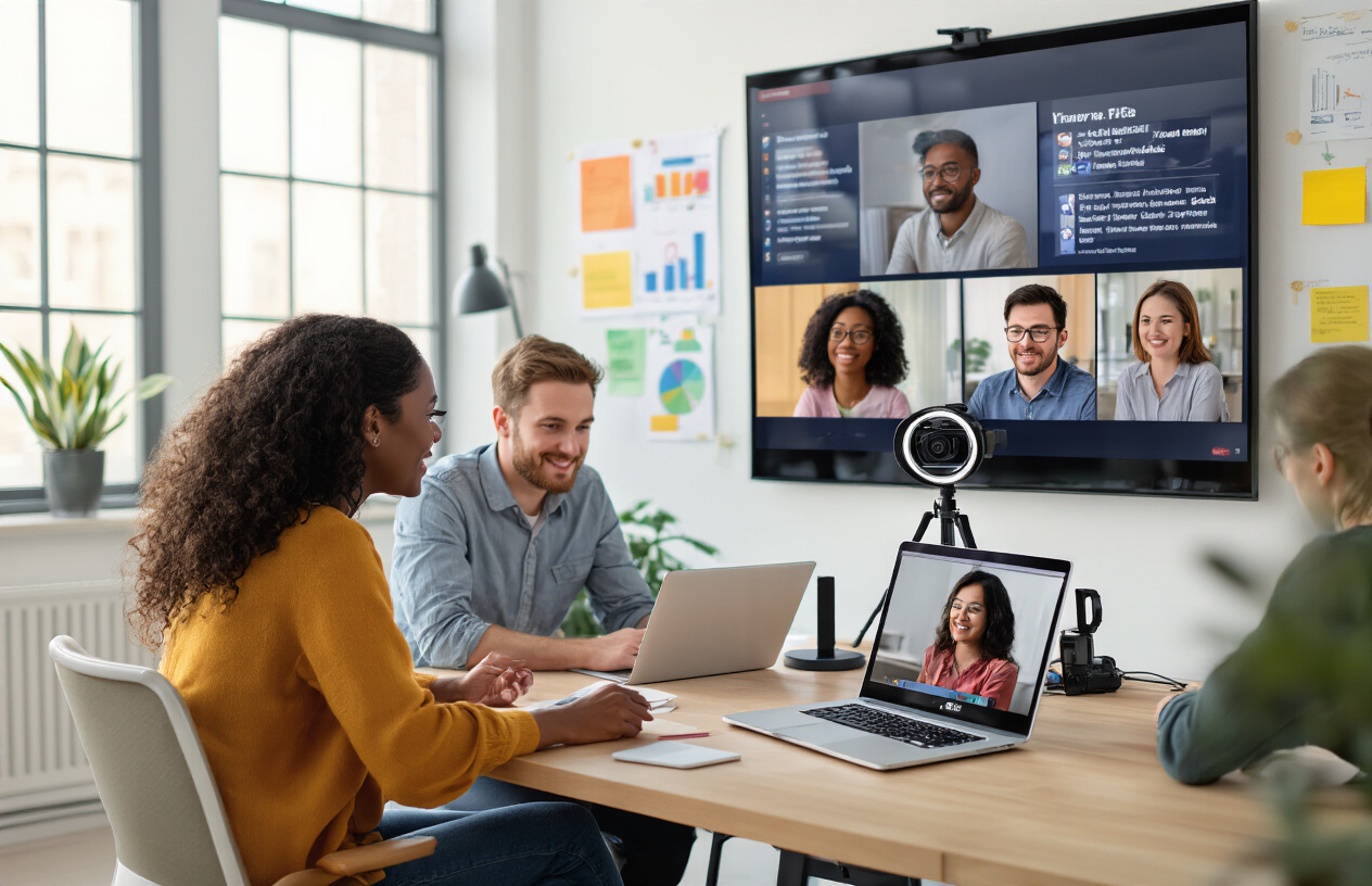 Create a realistic image of a diverse group of people sitting in a modern, bright office space participating in an online video call on their laptops and tablets, with some individuals including a black female, white male, and Asian female visible on screen in small video windows, while recording equipment like a ring light and small camera are positioned nearby, complemented by colorful visual elements like charts and infographics displayed on a large wall-mounted screen in the background, creating a warm and collaborative atmosphere with natural lighting streaming through large windows, absolutely NO text should be in the scene.