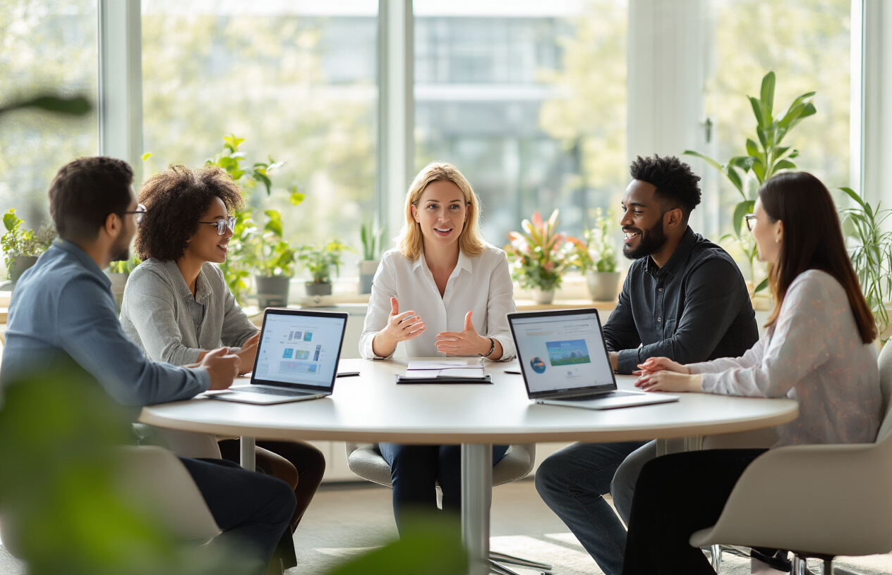 Create a realistic image of a diverse group of people sitting around a modern conference table in a bright, welcoming office space, with a white female moderator in business casual attire facilitating a discussion while gesturing encouragingly toward other participants including a black male and Asian female who are actively engaged in conversation, laptops and tablets open on the table showing community interface screens, warm natural lighting from large windows creating an inviting collaborative atmosphere, participants displaying positive body language with smiles and attentive postures, modern office furniture and plants in the background suggesting a professional yet friendly environment, absolutely NO text should be in the scene.