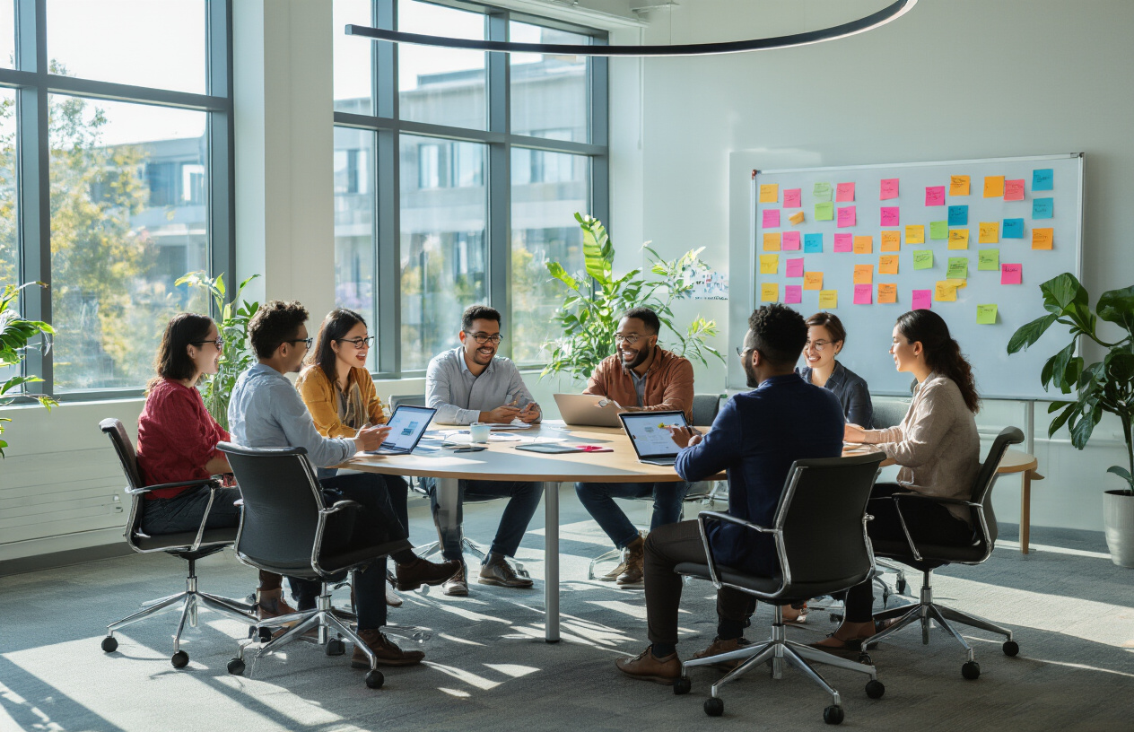 Create a realistic image of diverse group of people including white, black, and Asian males and females sitting in a modern circular conference room with large windows, engaged in animated discussion while looking at digital tablets and laptops, with dynamic lighting suggesting energy and movement, colorful sticky notes and collaboration boards visible in background, bright natural lighting streaming through windows creating an energetic atmosphere, people gesturing enthusiastically as if brainstorming ideas, modern office furniture and plants adding to collaborative workspace ambiance, absolutely NO text should be in the scene.