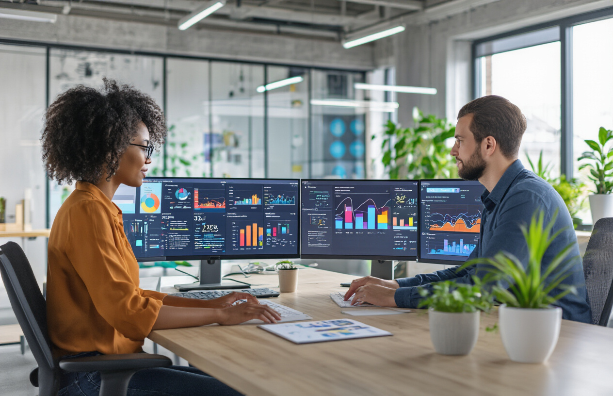 Create a realistic image of a modern office workspace with multiple computer monitors displaying colorful data dashboards and analytics charts showing community engagement metrics, with a diverse group of professionals including a black female data analyst and a white male community manager sitting at ergonomic desks reviewing the displayed information, surrounded by clean contemporary office furniture, large windows providing natural lighting, potted plants adding warmth to the professional atmosphere, and a collaborative workspace environment that conveys focus on digital community analysis and measurement. Absolutely NO text should be in the scene.