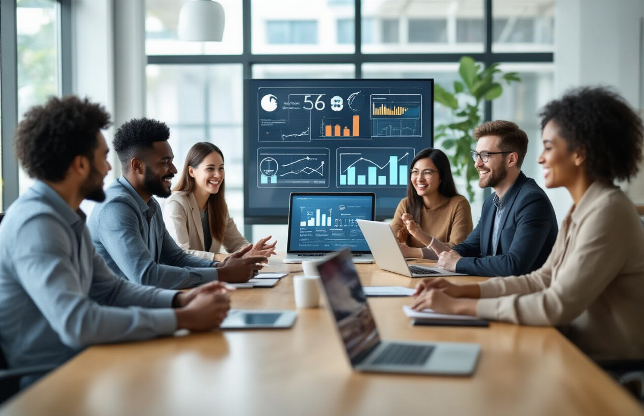 Create a realistic image of a diverse group of people including white, black, and Asian males and females sitting around a modern conference table with laptops and tablets, engaged in animated discussion with smiles and gestures indicating successful collaboration, surrounded by digital screens displaying community engagement metrics and growth charts, in a bright contemporary office space with large windows showing natural daylight, conveying a sense of achievement and forward-thinking momentum for 2026, with warm professional lighting that emphasizes connection and success, absolutely NO text should be in the scene.
